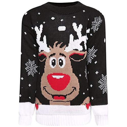 STAR FASHION Kinder Frohe Weihnachten Strickpullover Rentier Rudolph Top Schneeflocke Pom Pom Weihnachtspullover-Rudolph Schwarz-9-10 Jahre von STAR FASHION