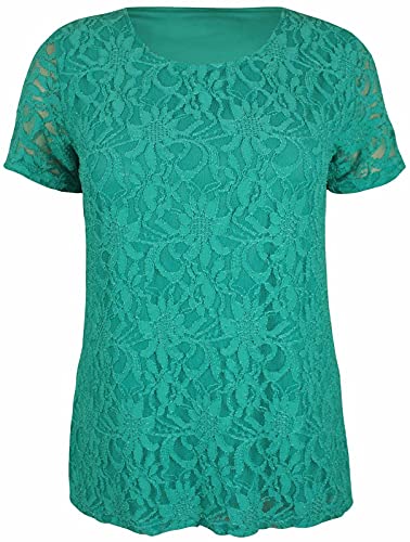 STAR FASHION New Ladies Short Sleeve Lined Floral Thick Lace Blouse Tunic T-Shirt Stretch Scoop Round Neck Top Plus Size Sequin Design Bodice Asymmetric Shirt for Woman (Jade Green) von STAR FASHION