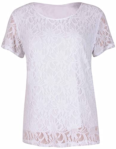 STAR FASHION New Ladies Short Sleeve Lined Floral Thick Lace Blouse Tunic T-Shirt Stretch Scoop Round Neck Top Plus Size Sequin Design Bodice Asymmetric Shirt for Woman (White) von STAR FASHION