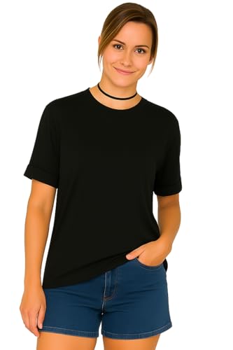 Weiche, übergroße T-Shirts für Damen, umgeschlagene Ärmel, lässig, lockere Passform, Rundhalsausschnitt, Fitnessstudio, leicht, für den täglichen Gebrauch, Sommer und Schichtung, essentielle Größen 44 von STAR FASHION