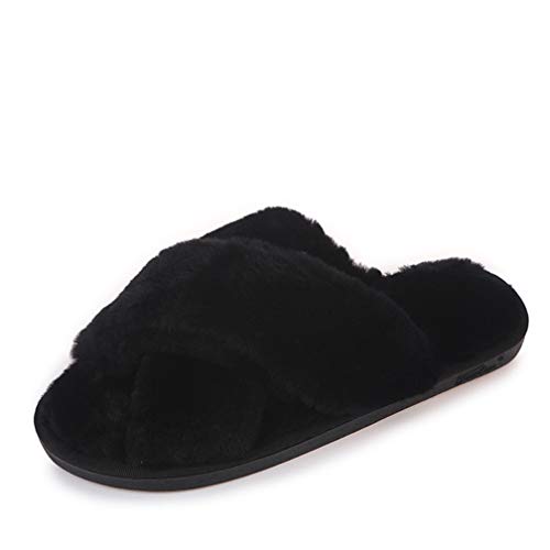 Mode Frauen Hausschuhe Flauschige Kunstpelz Open-Toe Memory Foam Hausschuhe Mädchen Leopardenmuster Indoor Outdoor Schuhe Hausschuhe,38-39,Black von STAR FIRE