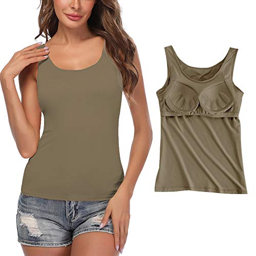 STARBILD Damen BH Hemd mit Cups Unterhemd Basic U-Ausschnitt Eingebauter BH Bügelloser Gepolstert Tank Tops, Olivgrün M von STARBILD