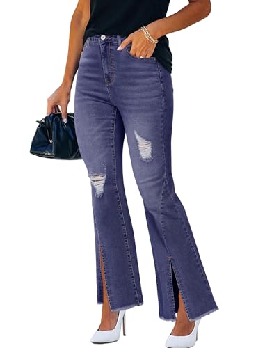 STARBILD Damen Ausgestellte Crop Jeans, Flared Fit Ankle Jeanshose, High Waist Schlaghose, Schlitzsaum - Blau S von STARBILD