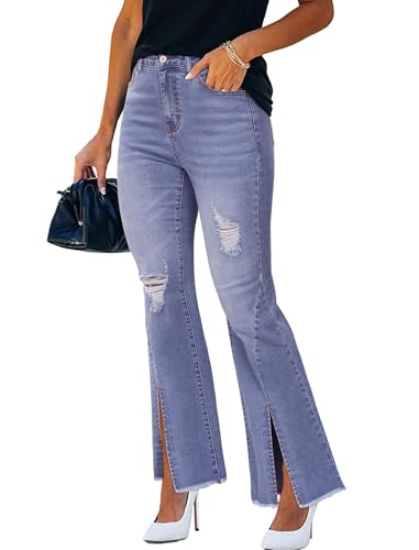 STARBILD Damen Ausgestellte Crop Jeans, Flared Fit Ankle Jeanshose, High Waist Schlaghose, Schlitzsaum - Hellblau XL von STARBILD