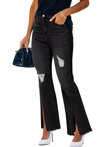 STARBILD Damen Ausgestellte Crop Jeans, Flared Fit Ankle Jeanshose, High Waist Schlaghose, Schlitzsaum - Schwarz S von STARBILD