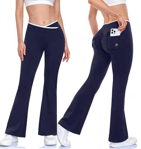 STARBILD Damen Flare Leggings Sport Push Up Po, Schlaghose mit Taschen Hohe Taille Blickdicht, Scrunch Butt Yogahose Bootcut mit V-Naht im Taillen-Bereich Workout Gym Casual, Blau S von STARBILD