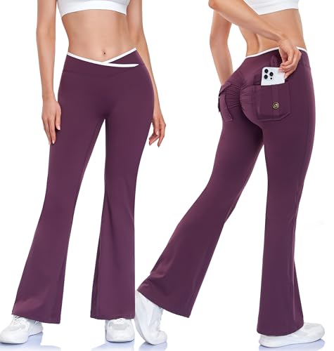 STARBILD Damen Flare Leggings Sport Push Up Po, Schlaghose mit Taschen Hohe Taille Blickdicht, Scrunch Butt Yogahose Bootcut mit V-Naht im Taillen-Bereich Workout Gym Casual, Violett XL von STARBILD