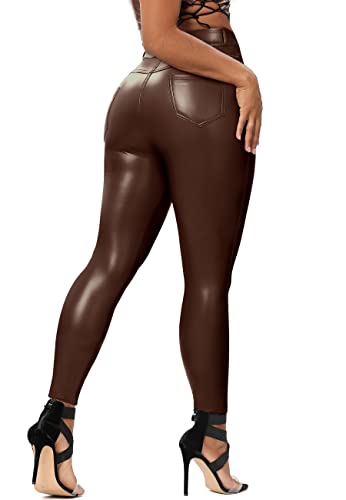 STARBILD Damen Lederhose Sexy Push Up, Skinny PU Legging Stretch Leder Look, High Waist Kunstleder Hose Treggins, N6220-Braun 2XL von STARBILD