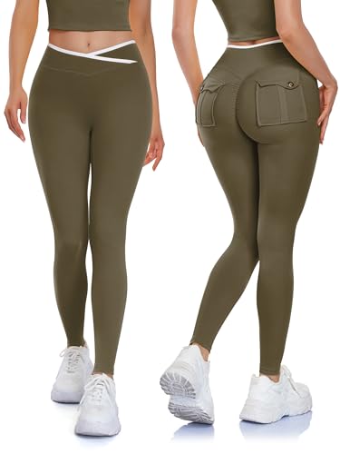 STARBILD Damen Leggings Sport Push Up Po, Sportleggins mit Taschen Hohe Taille Blickdicht, Scrunch Butt Yogahose mit V-Naht im Taillen-Bereich Workout Gym, Grün M von STARBILD