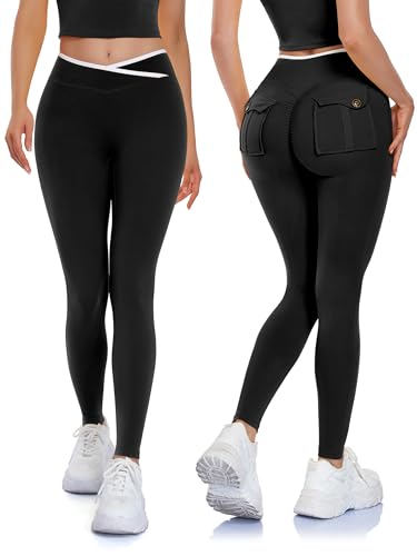 STARBILD Damen Leggings Sport Push Up Po, Sportleggins mit Taschen Hohe Taille Blickdicht, Scrunch Butt Yogahose mit V-Naht im Taillen-Bereich Workout Gym, Schwarz L von STARBILD