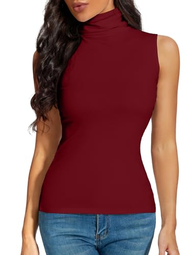 STARBILD Damen Top Rollkragen Ärmerlos Basic Slim Fit Weich Stretch Weste Einfarbig Shirt Sommer Weinrot M von STARBILD