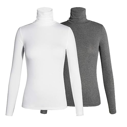 STARBILD Rollkragenpullover Damen Langarmshirt Turtleneck Basic Oberteile High Collar Pullover Slim Fit Top für Herbst und Winter 2pcs Grau&Weiß Large von STARBILD