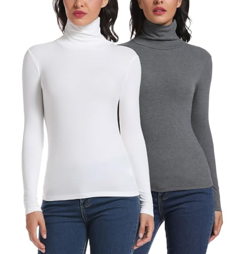 STARBILD Rollkragenpullover Damen Langarmshirt Turtleneck Basic Oberteile High Collar Pullover Slim Fit Top für Herbst und Winter 2pcs Grau&Weiß XX-Large von STARBILD
