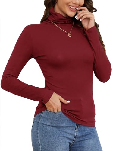 STARBILD Rollkragenpullover Damen Langarmshirt Turtleneck Basic Oberteile High Collar Pullover Slim Fit Top für Herbst und Winter Burgundy X-Large von STARBILD