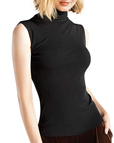 Ritera Damen Rollkragen Shirt Top Ärmellos Weich Stretch Weste Einfarbig Rollkragenpullover,Schwarz M von STARBILD