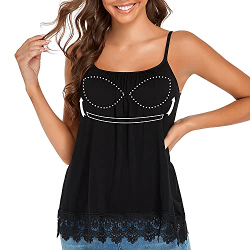 STARBILD Spaghetti Top Damen Top Mit Breiten Trägern Unterhemd BH-Hemd Basic Tank Tops Lace Spizentop U-Ausschnitt Oberteile Bequeme Frauen Shirt Lang Sommer Shirts Top 239 Schwarz 4XL von STARBILD