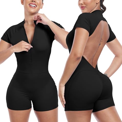 STARBILD Damen Sport Jumpsuit Kurz mit Front Reißverschluss & Push Up | Kurzarm Fitness Einteiler Rückenfreie V-Ausschnitt, für Workout Yoga Gym Laufen, Klassisches Schwarz M von STARBILD