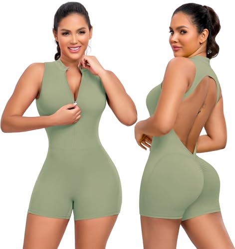 STARBILD Damen Sport Jumpsuit Kurz mit Reißverschluss Pohebendem Design Fitness Einteiler Rückenfreie herausnehmbaren Polstern hoch elastischem Nylon Für Workout Yoga Gym Laufen, Edles Graugrün XL von STARBILD