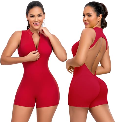 STARBILD Damen Sport Jumpsuit Kurz mit Reißverschluss Pohebendem Design Fitness Einteiler Rückenfreie herausnehmbaren Polstern hoch elastischem Nylon Für Workout Yoga Gym Laufen, Kräftiges Rot XS von STARBILD