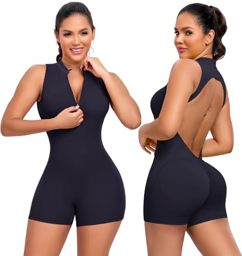 STARBILD Damen Sport Jumpsuit Kurz mit Reißverschluss Pohebendem Design Fitness Einteiler Rückenfreie herausnehmbaren Polstern hoch elastischem Nylon Für Workout Yoga Gym Laufen, Tiefes Navyblau XL von STARBILD