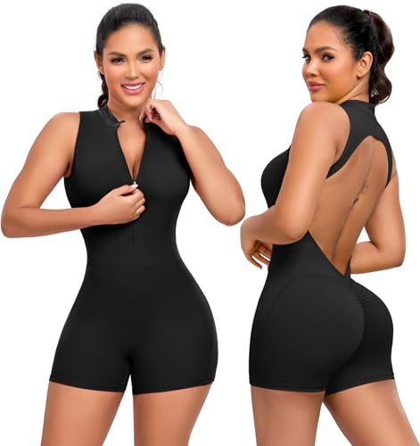 STARBILD Damen Sport Jumpsuit Kurz mit Reißverschluss Pohebendem Fitness Einteiler Rückenfreie herausnehmbaren Polstern hoch elastischem Nylon Für Workout Yoga Gym Laufen Klassisches Schwarz S von STARBILD