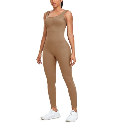 STARBILD Damen Sport Jumpsuit Rückenfrei Push Up, Yoga Bodysuit Eng Gerippte Strick Overall Leggings, Playsuits Strampler Hosenanzug Trainingsanzug, K9600-Kaffee L von STARBILD