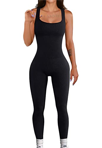 STARBILD Damen Sport Jumpsuit Rückenfrei Push Up, Yoga Bodysuit Eng Gerippte Strick Overall Leggings, Playsuits Strampler Hosenanzug Trainingsanzug, K9600-Schwarz M von STARBILD