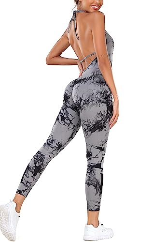 STARBILD Damen Sport Jumpsuit Rückenfrei Push Up, Yoga Bodysuit Eng Gerippte Strick Overall Leggings, Playsuits Strampler Hosenanzug Trainingsanzug, K9780-Grau L von STARBILD