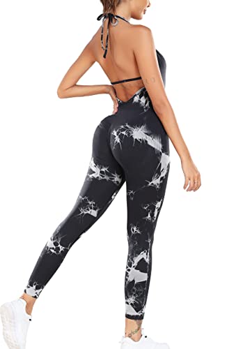 STARBILD Damen Sport Jumpsuit Rückenfrei Push Up, Yoga Bodysuit Eng Gerippte Strick Overall Leggings, Playsuits Strampler Hosenanzug Trainingsanzug, K9780-Schwarz M von STARBILD