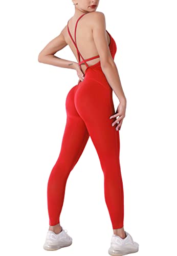 STARBILD Damen Sport Jumpsuit Rückenfrei Push Up, Yoga Bodysuit Honeycomb Overall Leggings, Playsuits Strampler Hosenanzug Trainingsanzug, M4180-rot S von STARBILD