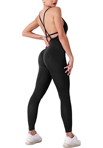 STARBILD Damen Sport Jumpsuit Rückenfrei Push Up, Yoga Bodysuit Honeycomb Overall Leggings, Playsuits Strampler Hosenanzug Trainingsanzug, M4180-schwarz L von STARBILD