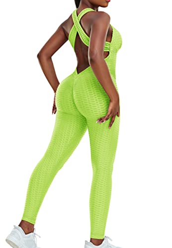 STARBILD Damen Sport Jumpsuit Rückenfrei Push Up, Yoga Bodysuit Honeycomb Overall Leggings, Playsuits Strampler Hosenanzug Trainingsanzug, N1370-gelb M von STARBILD