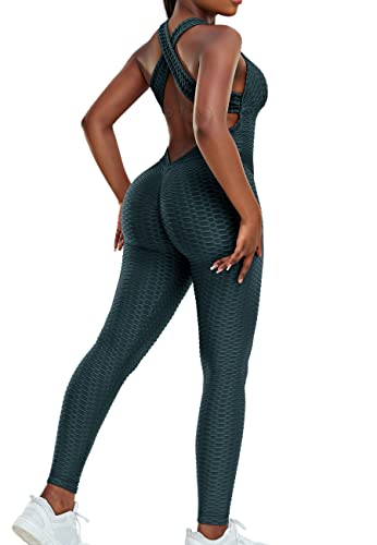 STARBILD Damen Sport Jumpsuit Rückenfrei Push Up, Yoga Bodysuit Honeycomb Overall Leggings, Playsuits Strampler Hosenanzug Trainingsanzug, N1370-grün L von STARBILD