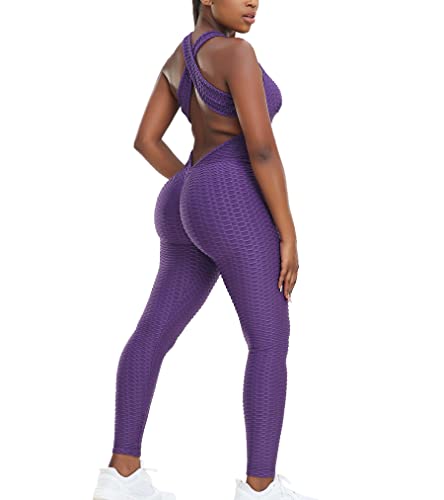 STARBILD Damen Sport Jumpsuit Rückenfrei Push Up, Yoga Bodysuit Honeycomb Overall Leggings, Playsuits Strampler Hosenanzug Trainingsanzug, N1370-Lila L von STARBILD