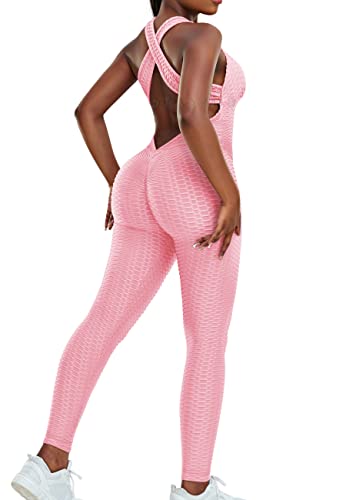 STARBILD Damen Sport Jumpsuit Rückenfrei Push Up, Yoga Bodysuit Honeycomb Overall Leggings, Playsuits Strampler Hosenanzug Trainingsanzug, N1370-Rosa L von STARBILD