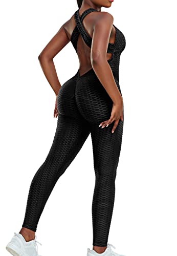 STARBILD Damen Sport Jumpsuit Rückenfrei Push Up, Yoga Bodysuit Honeycomb Overall Leggings, Playsuits Strampler Hosenanzug Trainingsanzug, N1370-schwarz L von STARBILD