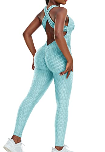 STARBILD Damen Sport Jumpsuit Rückenfrei Push Up, Yoga Bodysuit Honeycomb Overall Leggings, Playsuits Strampler Hosenanzug Trainingsanzug, N1370-Türkis L von STARBILD