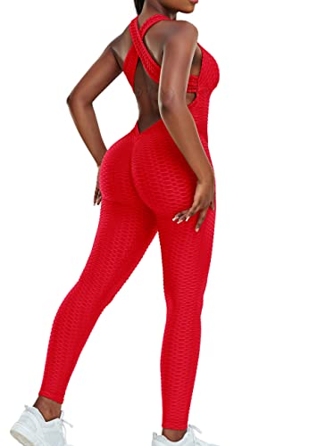 STARBILD Damen Sport Jumpsuit Rückenfrei Push Up, Yoga Bodysuit Honeycomb Overall Leggings, Playsuits Strampler Hosenanzug Trainingsanzug, N1370-rot XL von STARBILD