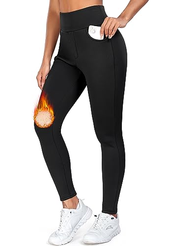 STARBILD Damen Sport Leggings Gefütterte Winter mit Taschen, Thermo Leggings Mit Rocker-Vlies High Waist, Hose Warm Lang Fleece Yogahose Laufhose, E9930-Schwarz S von STARBILD