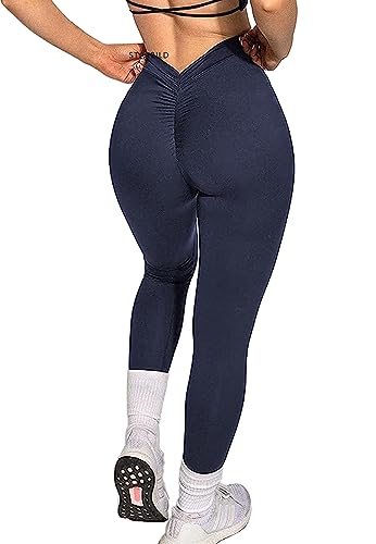STARBILD Damen Sport Leggings Scrunch Butt, Blickdicht Lange Yogahosen High Waist, für Fitness Gym Alltag, V Rücken - Blau M von STARBILD
