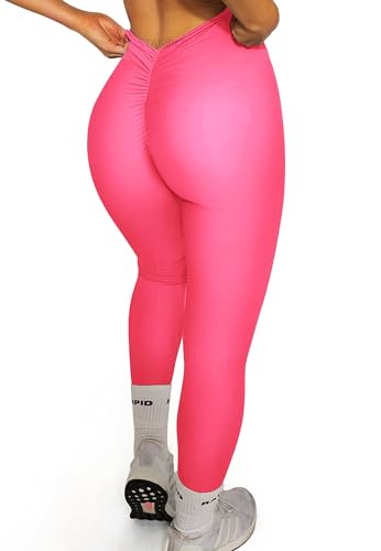 STARBILD Damen Sport Leggings Scrunch Butt, Blickdicht Lange Yogahosen High Waist, für Fitness Gym Alltag, V Rücken - Barbie Pink L von STARBILD