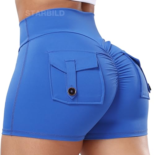 STARBILD Damen Sport Shorts Cargo Scrunch Butt, High Waist Leggings Kurze Push Up, Sommer Workout Hotpants für Gym Fitness Yoga, Cargo - Dunkelblau M von STARBILD