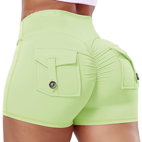 STARBILD Damen Sport Shorts Cargo Scrunch Butt, High Waist Leggings Kurze Push Up, Sommer Workout Hotpants für Gym Fitness Yoga, Cargo - Grün M von STARBILD