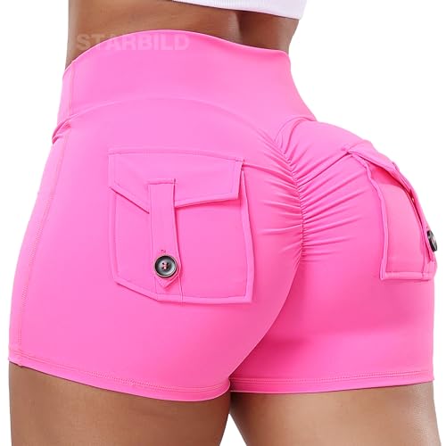 STARBILD Damen Sport Shorts Cargo Scrunch Butt, High Waist Leggings Kurze Push Up, Sommer Workout Hotpants für Gym Fitness Yoga, Cargo - Rosa L von STARBILD