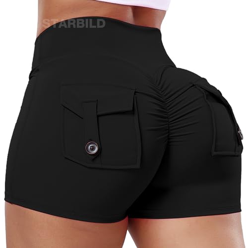 STARBILD Damen Sport Shorts Cargo Scrunch Butt, High Waist Leggings Kurze Push Up, Sommer Workout Hotpants für Gym Fitness Yoga, Cargo - Schwarz XL von STARBILD
