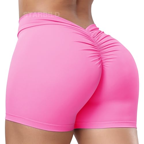 STARBILD Damen Sport Shorts V Rücken Scrunch Butt, High Waist Leggings Kurze Push Up, Sommer Workout Hotpants für Gym Fitness Yoga, V Back - Rosa M von STARBILD