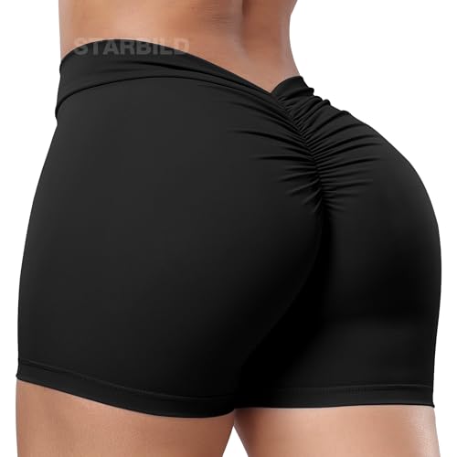 STARBILD Damen Sport Shorts V Rücken Scrunch Butt, High Waist Leggings Kurze Push Up, Sommer Workout Hotpants für Gym Fitness Yoga, V Back - Schwarz L von STARBILD