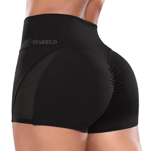 STARBILD Damen Sport Shorts mit Mesh Scrunch Butt, High Waist Leggings Kurze Push Up, Sommer Workout Hotpants für Gym Fitness Yoga, Netz - Schwarz S von STARBILD