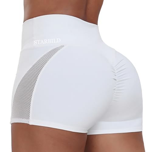 STARBILD Damen Sport Shorts mit Mesh Scrunch Butt, High Waist Leggings Kurze Push Up, Sommer Workout Hotpants für Gym Fitness Yoga, Netz - Weiß S von STARBILD