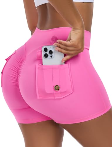 STARBILD Damen Sport Shorts mit Taschen Cargo Scrunch Butt V Cross, 4.5" Leggings Kurze Push Up, für Workout Gym Fitness Yoga, 11.5cm Inseam V Cross - Rosa S von STARBILD